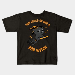 Halloween Kitty! You Could of had a Bad Witch! Black & Orange Funny Cat on a Flying Broom Witchy Stars October Love Kids T-Shirt